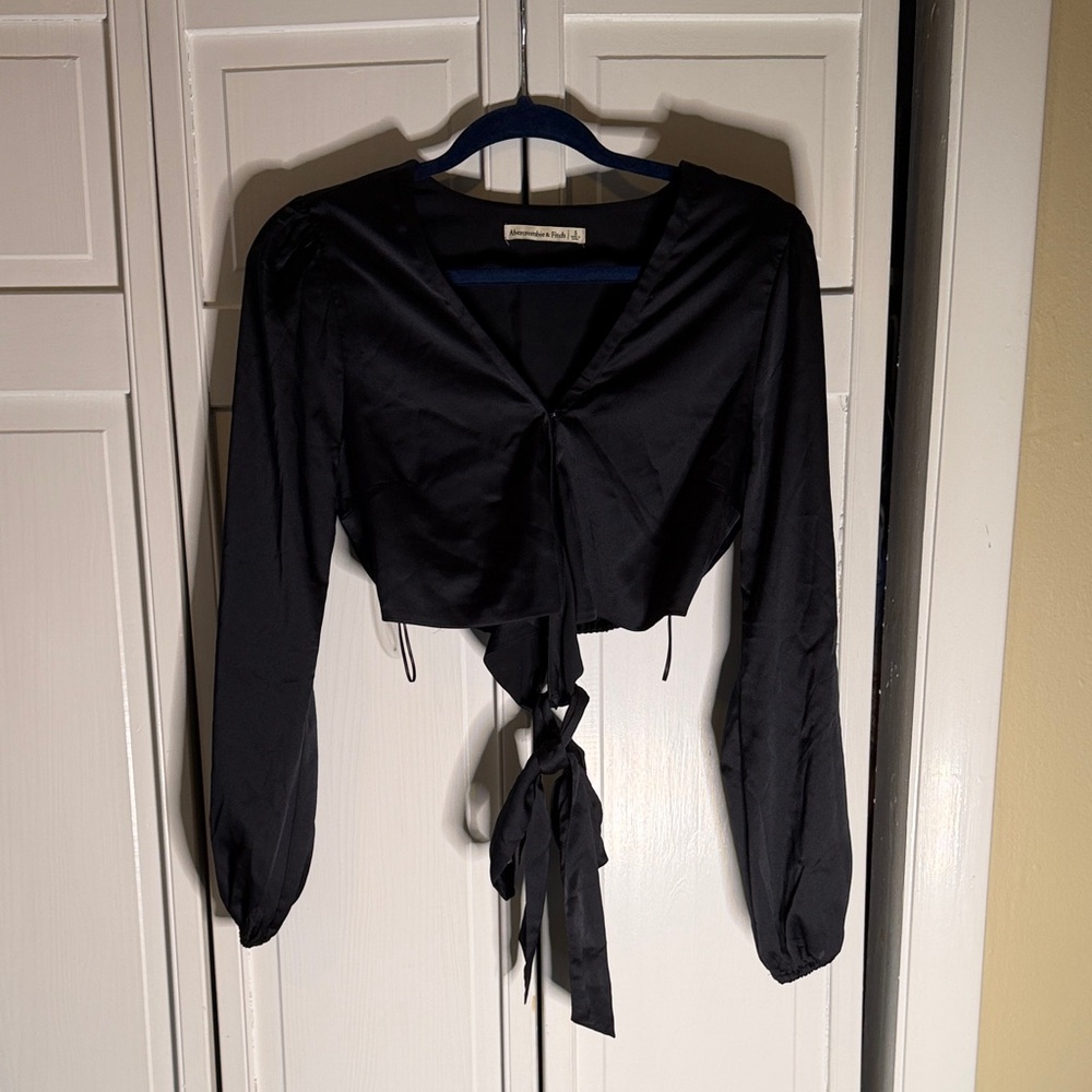 Abercrombie Black Wrap Tie Satin Blouse